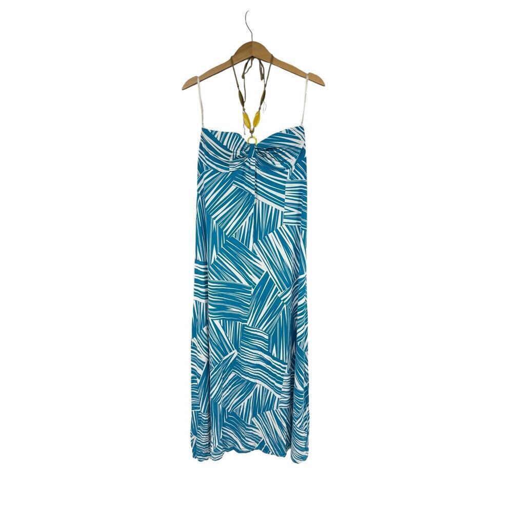 Tommy Bahama Teal & White Striped Palm-Print Maxi Dress